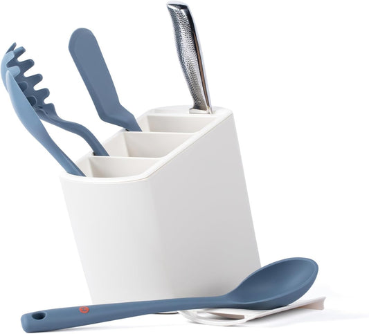 Angled Utensil Holder for Countertop | Space-Saving Kitchen Organizer for Large & Small Utensils with Knife Holder | Cooking Utensil Caddy with Spoon Rest | Kitchen Essentials Under Cabinet Organizer