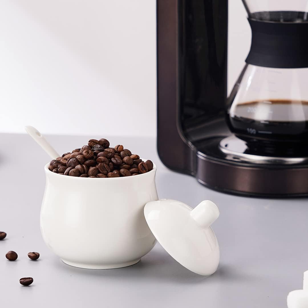 Ceramic Sugar Bowl with Lid and Spoon, White Porcelain Sugar Salt Pepper Storage Jar, 8 Ounces