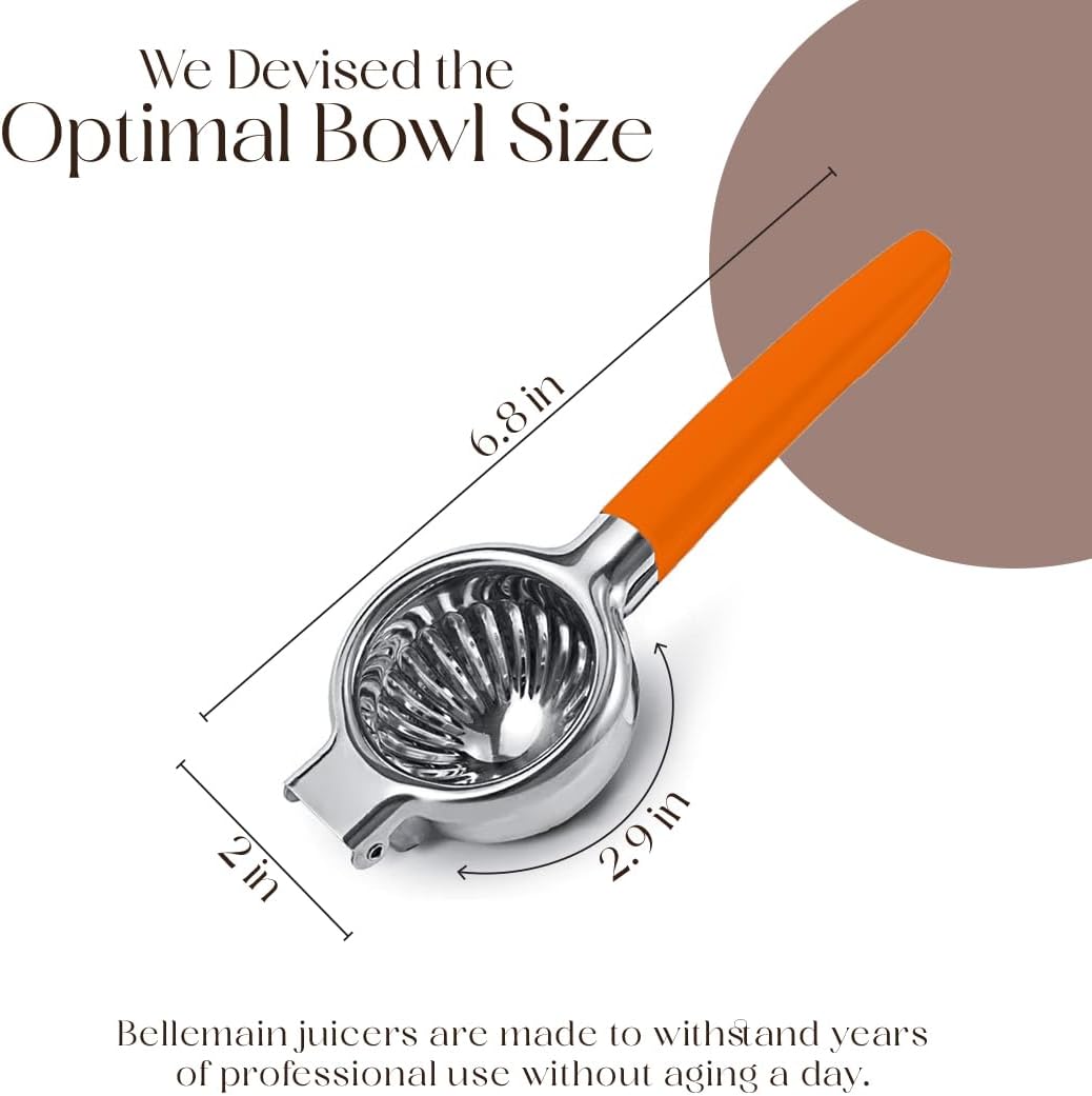 Bellemain Citrus Juicer | Metal Lemon Squeezer | Lime and Lemon Juicer Stainless Steel with Silicone Handles | Manual Juicer, Citrus Squeezer, Hand Held Juicer | Bar Juicer for Bartender (Orange)