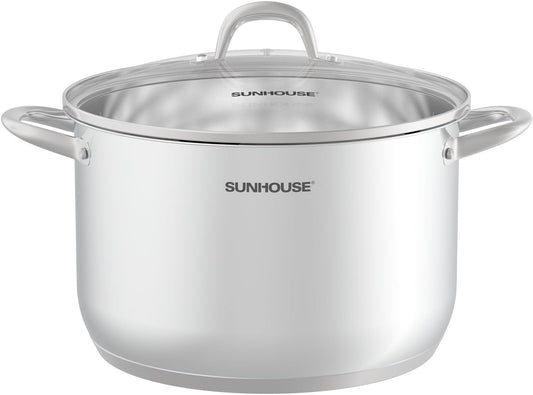 SUNHOUSE 13-Quart Stainless Steel Stockpot w/Tempered Glass Lid - Heavy-Duty, Food-Grade Cookware for Simmering, Boiling, and Induction Cooking - Exceptional Heat Distribution