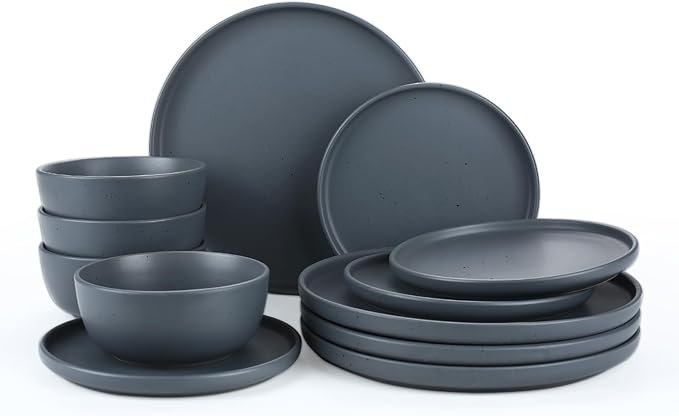 Famiware Dawn Plates and Bowls Sets, 12 Pieces Stoneware Dinnerware Sets, Dishes Set for 4, Microwave and Dishwasher Safe, Charcoal