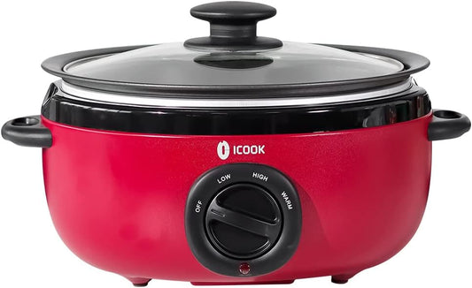 ICOOK USC-65-OP001RD 6.5 Quart Slow Cooker,Aluminium Sear/Sauté Stew Pot Stovetop safe,Dishwasher Safe,Glass Lid,Adjustable Temp,Food Warmer(Red)