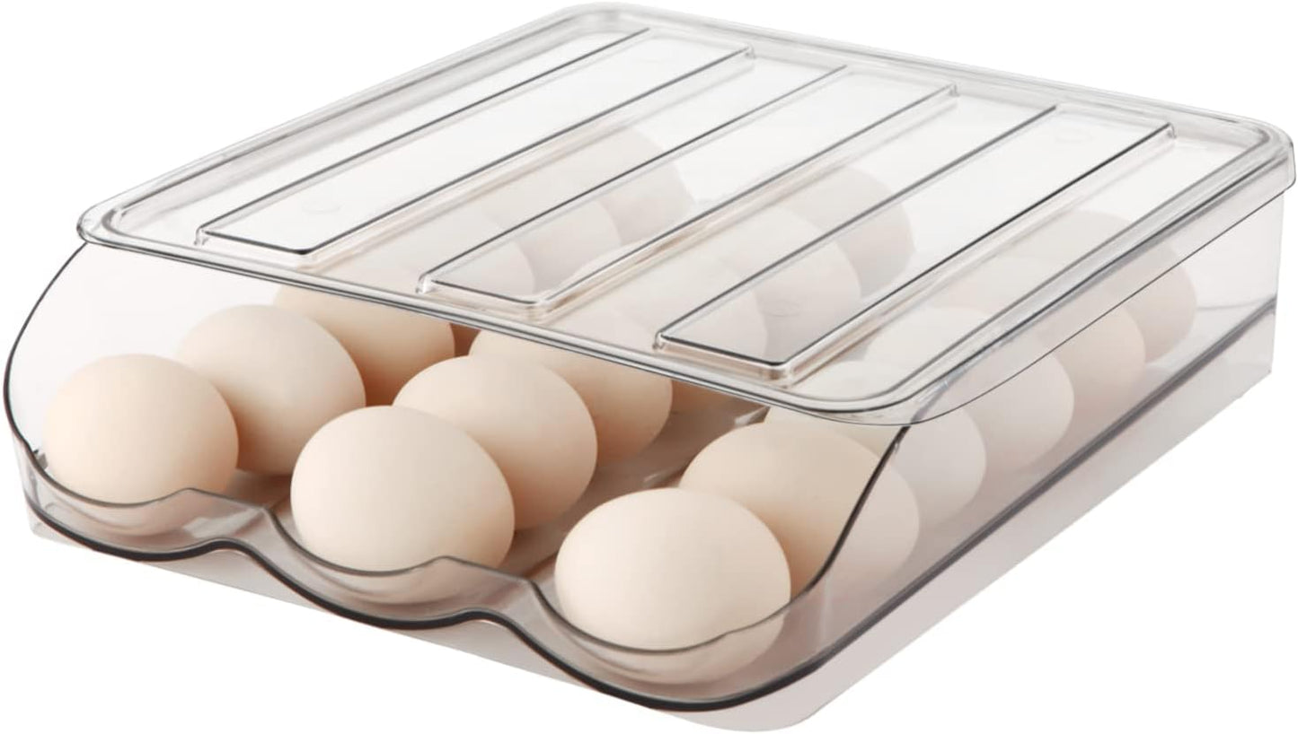 Egg Holder for Fridge, Automatically Rolling Egg Storage Container for Refrigerator,Large Capacity Egg Organizer for Fridge with Lid,Clear Plastic Dispenser, Tray & Bin -1 Layer