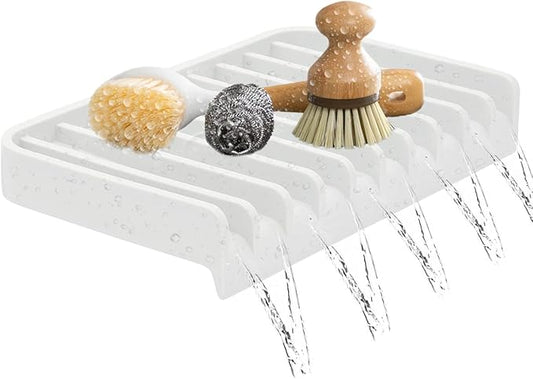Effilogic Silicone Sponge Holder – Self-Draining Kitchen Sink Organizer, Quick Dry Mat and Counter Protector – Dishwashing Accessories for Sponges, Brushes, and Soap - Large White
