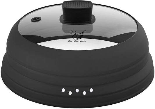 Microwave Splatter Cover Glass Cover Guard Lid with Collapsible Silicone for Food Pot Plate Cover 11.8 inch Black