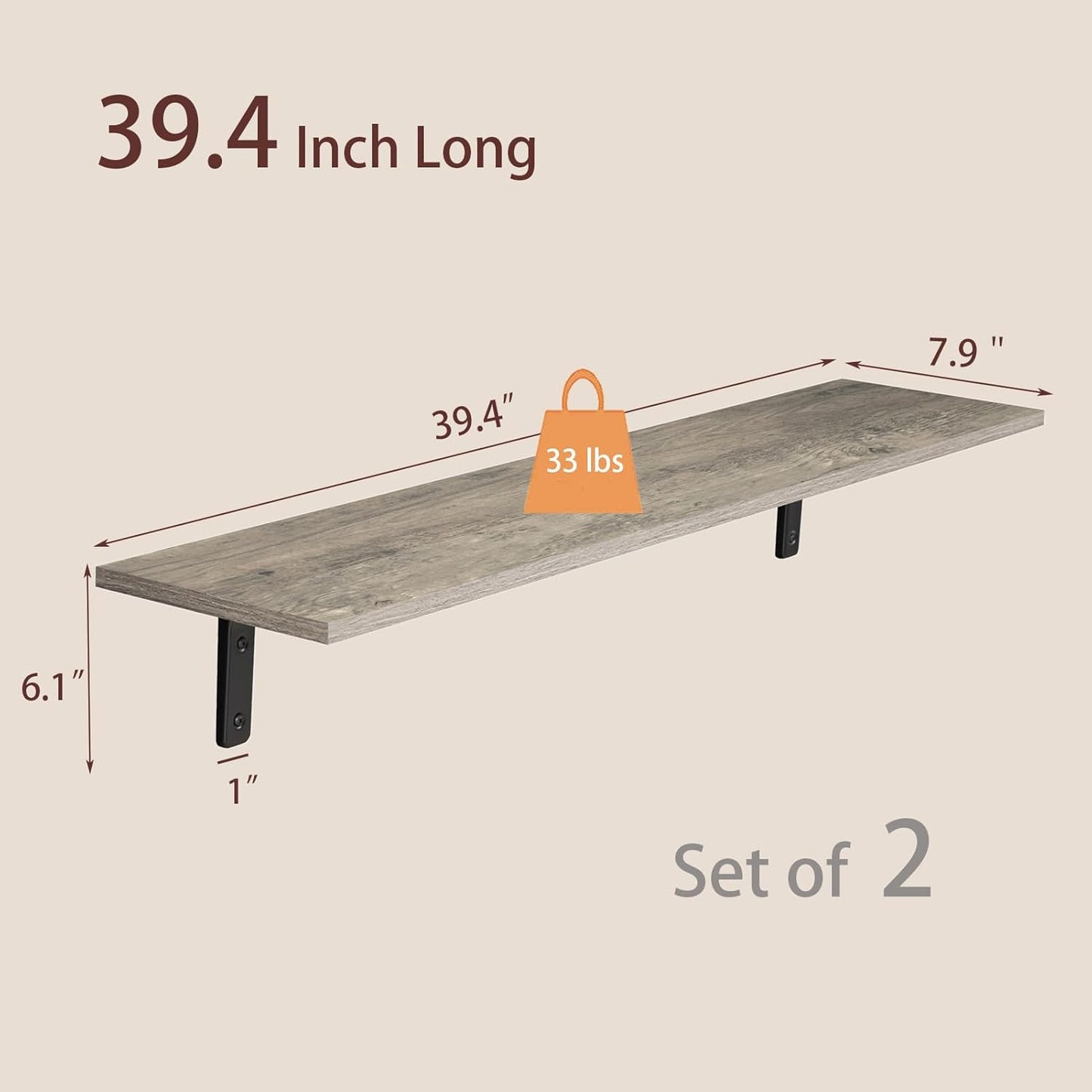 DINZI LVJ Long Wall Shelves, 39.4Inch Wall Mounted Shelves Set of 2, Extra Large Floating Storage Ledges with Sturdy Metal Brackets for Living Room, Bathroom, Bedroom, Kitchen, Gray Wash