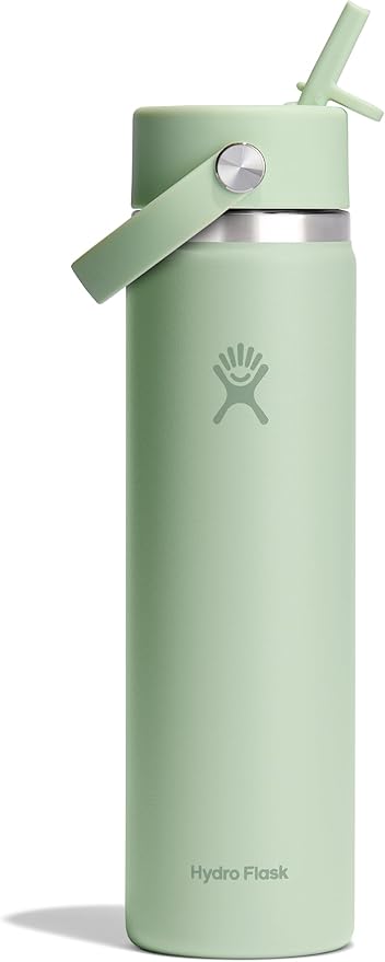 Hydro Flask Water Bottle - Insulated Stainless Steel - Wide Mouth Flex Straw Lid, Non Spill, Leakproof and Refillable in 24 Oz Aloe Green
