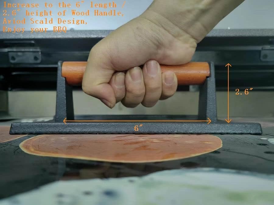 8.3"×4.3" Heavy-Duty Cast Iron Grill Burger Press and Meat Steak with Wood Handle for Blackstone Camp Chef Pitboss Weber Griddle Grills (Rectangle)