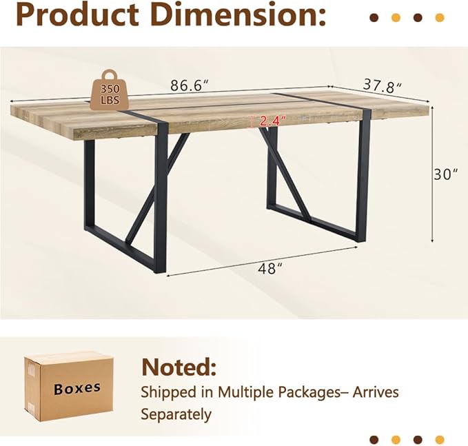 86.6" Light Wood Dining Table, Modern Large Rectangle Wood Table with Natural Wood Grain Finish, Sturdy Dining Room Table for 6-10 People, Ideal for Home, Apartment, or Office Use