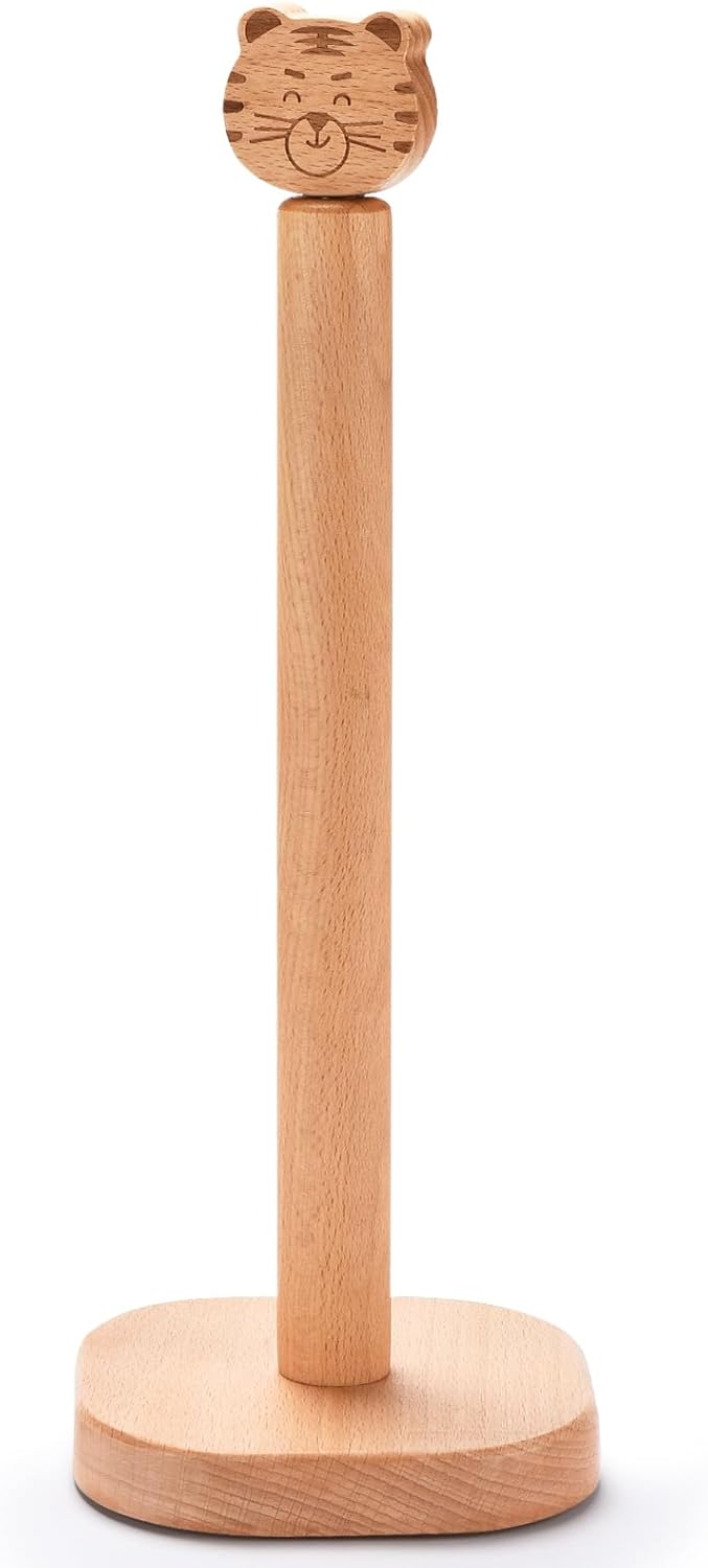 Paper Towel Holder, Cute Tiger Wooden Kitchen Roll Stand Organizer Countertop Free Standing, Housewarming Gift New Home