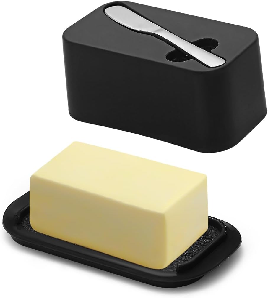 Evanda Butter Dish with Lid for Countertop and Refrigerator Door Shelf with Butter Spreader Knife, Butter Keeper, Plastic Butter Holder Tray Container for West/East Coast Butter