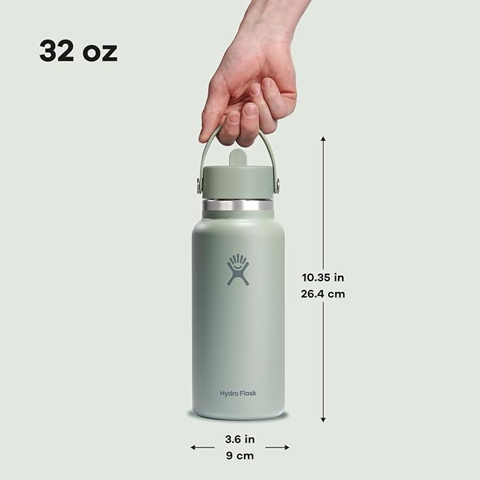 Hydro Flask Water Bottle - Insulated Stainless Steel - Wide Mouth Flex Straw Lid, Non Spill, Leakproof and Refillable in 32 Oz Tonal Agave