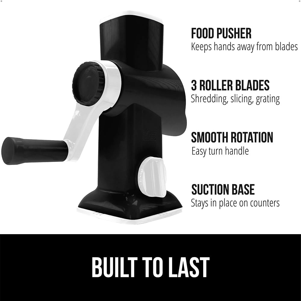 GORILLA GRIP BPA-Free Rotary Cheese Grater Hand Crank, Easy to Set Up, Strong Suction Base for Kitchen Countertop, Shred Potato, Vegetable, Nuts in Seconds, Round Mandoline Slicer, 3 Blades, Black