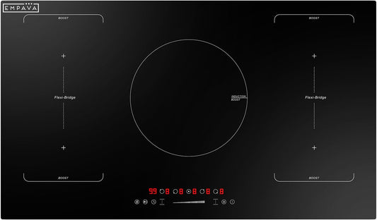 Empava 36 Inch Electric Induction Cooktop 5 Burners, Flat Glass Top Stove with Bridge Function, Timer, Pause, Child Lock, Booster, Slider Level Control, Shutdown, Auto Pan Detection, Black
