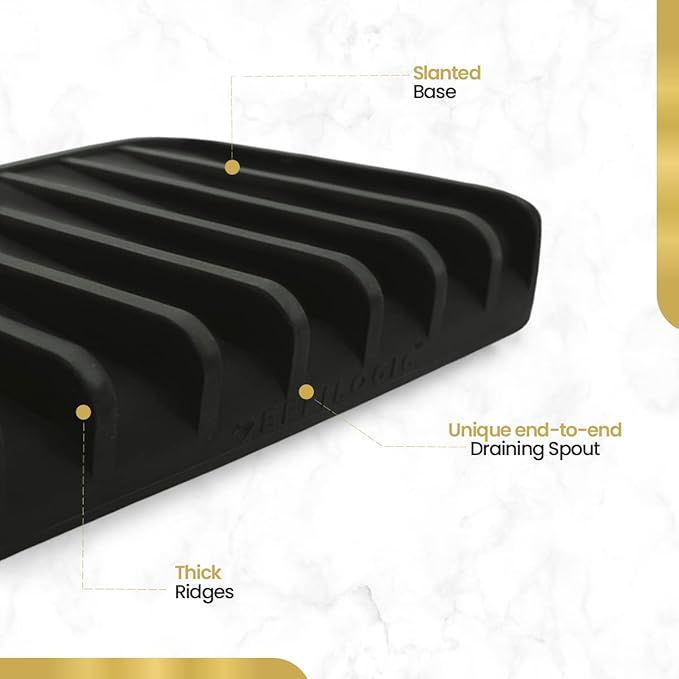 Effilogic Silicone Sponge Holder – Self-Draining Kitchen Sink Organizer, Quick Dry Mat and Counter Protector – Dishwashing Accessories for Sponges, Brushes, and Soap - Medium Black