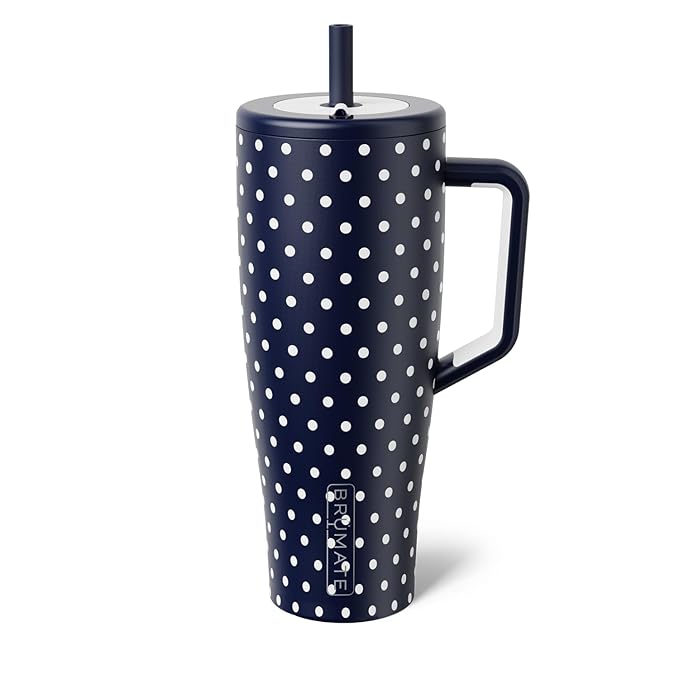 BrüMate Era 40 oz Tumbler with Handle and Straw | 100% Leakproof Insulated Water Bottle Tumbler with Lid and Straw | Made of Stainless Steel | Cup Holder Friendly | 40oz (Navy Polka Dots)