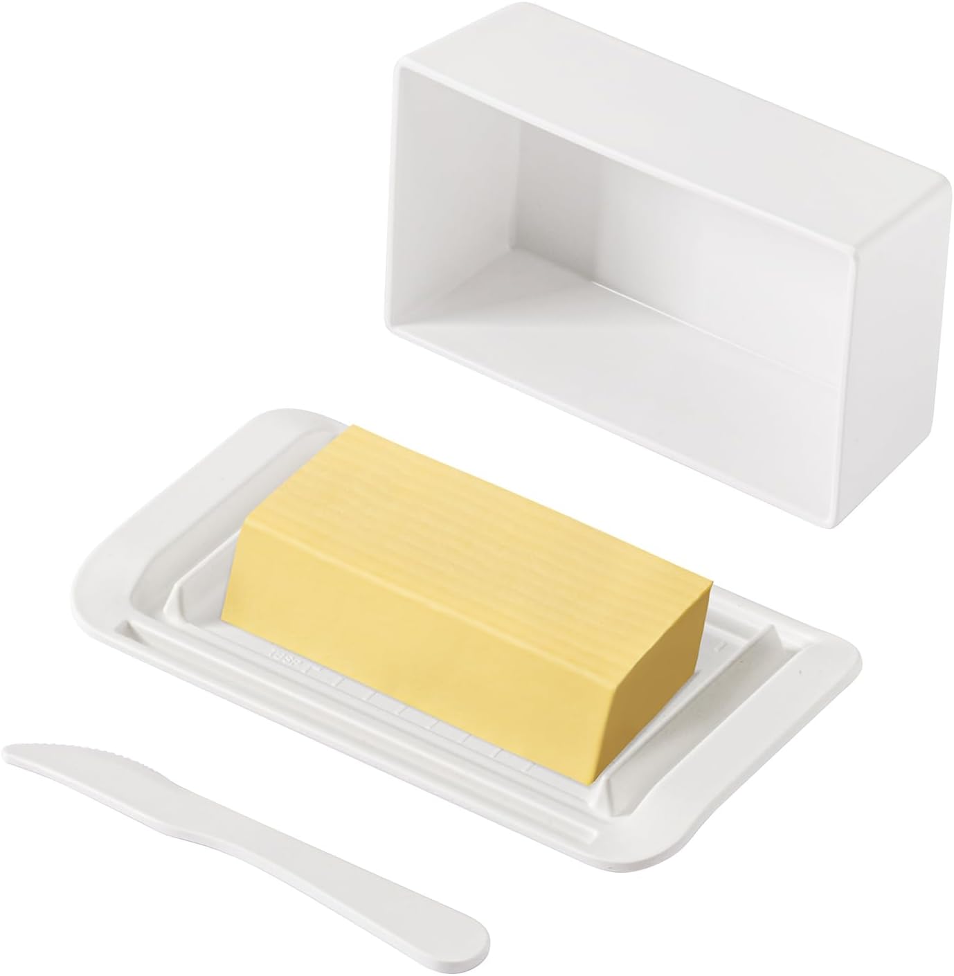 Butter Dish with Lid, Large Butter Dish with Lid for Countertop, Built-in Knife Slot Butter Keeper for Kitchen or Fridge, Bamboo Fiber Butter Tray, Butter Holder for 2 Sticks(White, Large)