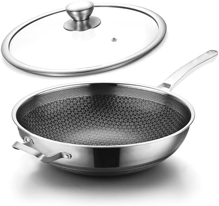Wok,13 Inch Hybrid Woks & Stir-Fry Pans Nonstick, Large Stainless Steel Wok with Lid,Induction Non Stick Woks,PFOA Free Cookware,Dishwasher And Oven Safe