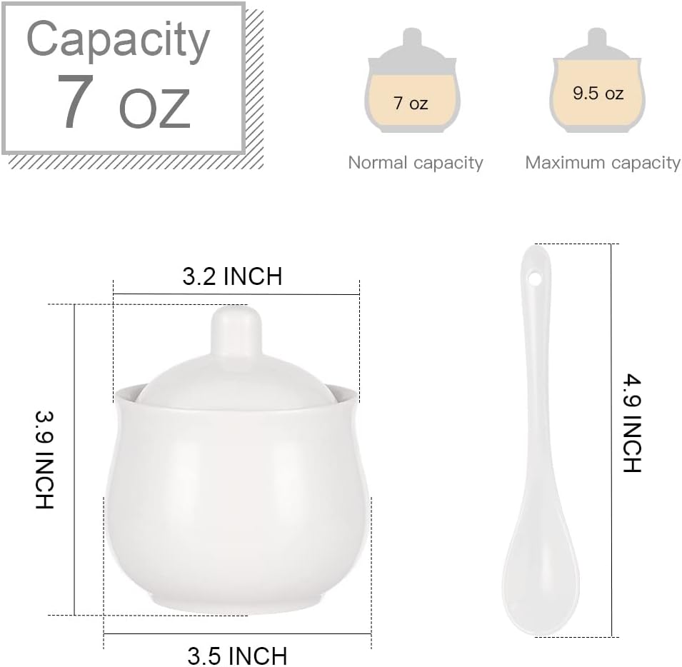 Ceramic Sugar Bowl with Lid and Spoon, White Porcelain Sugar Salt Pepper Storage Jar, 8 Ounces