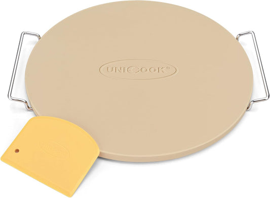 Unicook Round Pizza Stone for Oven and Grill 16 Inch, Oven Baking Stone for Bread, Cordierite Pizza Pan for Baking Crispy Bread and Cookies, Includes Carry Rack and Dough Scraper