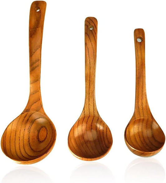 3 Pack Wooden Ladles for Serving Spoon Soup Ladle Wood Spoons for Cooking Ladel Large Bamboo Kitchen Tools Ladles Big Spaghetti Spoon Laddle Non Toxic Soup Spoons Teak deep Ladle