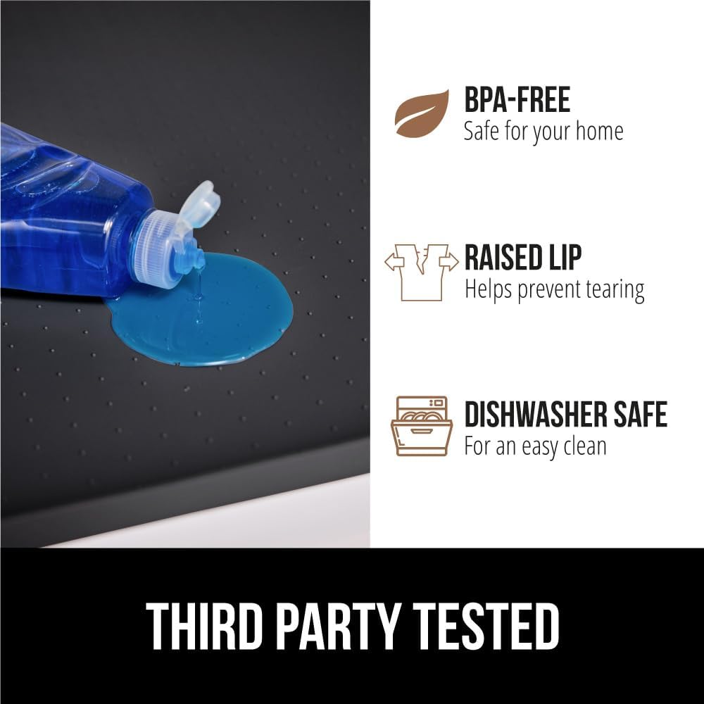 GORILLA GRIP Waterproof Silicone Under Sink Mat with Raised Lip for Kitchen and Bathroom, 46 x 22 in, Cabinet Shelf Liner Stay in Place Mats Dishwasher Safe Drawer Liner, Organizer Tray, Black