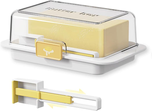 Butter Dish with Precision Spoon, Countertop and Refrigerator, Keep Butter Fresh, Easy Scoop, Plastic Butter Keeper Tray Box for East/West Coast Butter (White, Large)