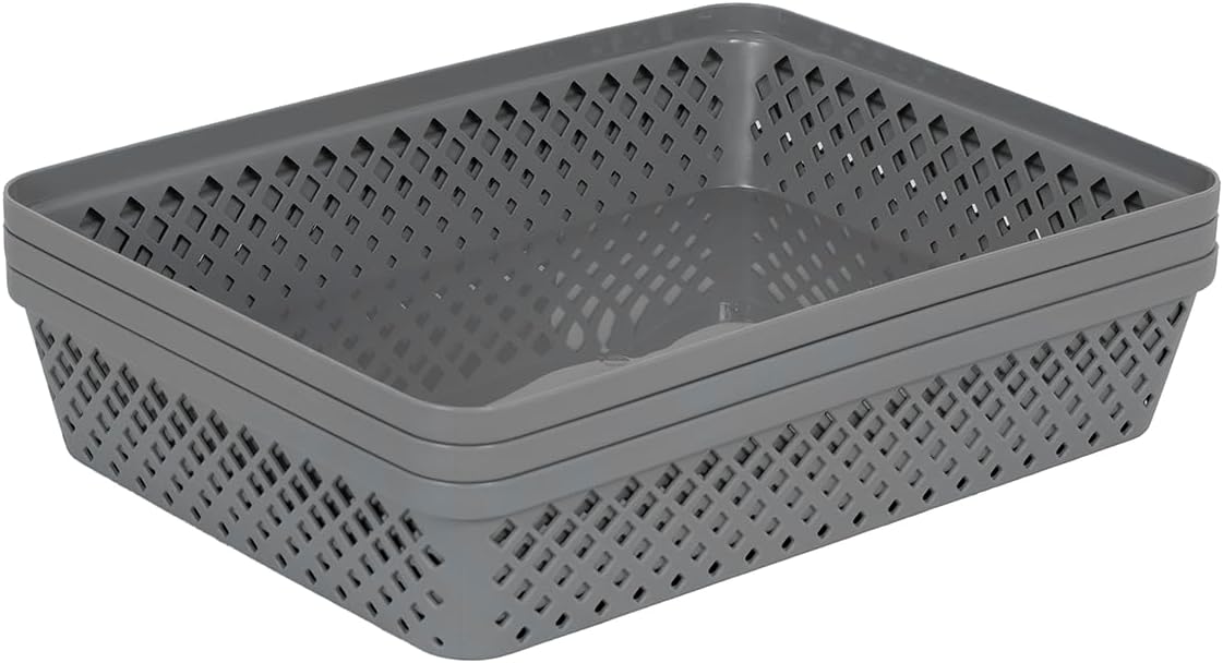 Glad Plastic Storage Basket Set - Multipurpose Drawer Trays, Kitchen Pantry Containers, and Bathroom Bins - 3 Pack Large Organizers, Grey
