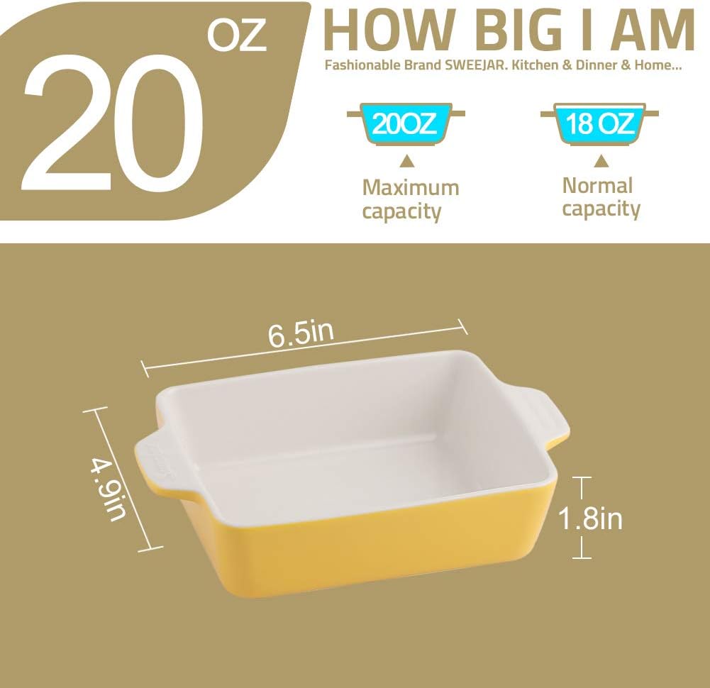 Sweejar Ceramic Baking Dish, Rectangular Small Baking Pan with Double Handles, 20 Oz for Cooking, Brownie, Kitchen, 6.5 x 4.9 x 1.8 Inches(Yellow)