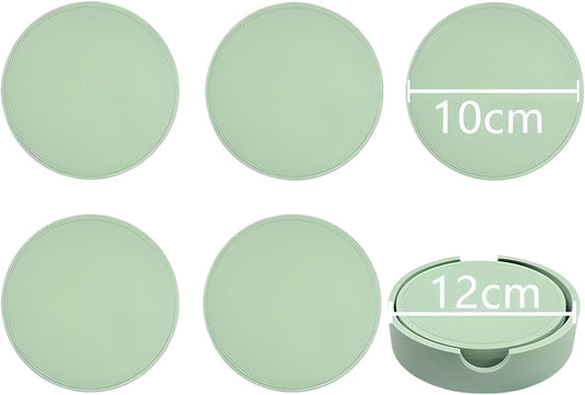 5-Piece Silicone Coasters Set with Holder - 3.9“ Non-Slip & Anti-Overflow Design for Hot/Cold Drinks | Thickened Kitchen & Living Room Decor, Housewarming Gifts for Men (Coffee, Beer, All Cup Types)