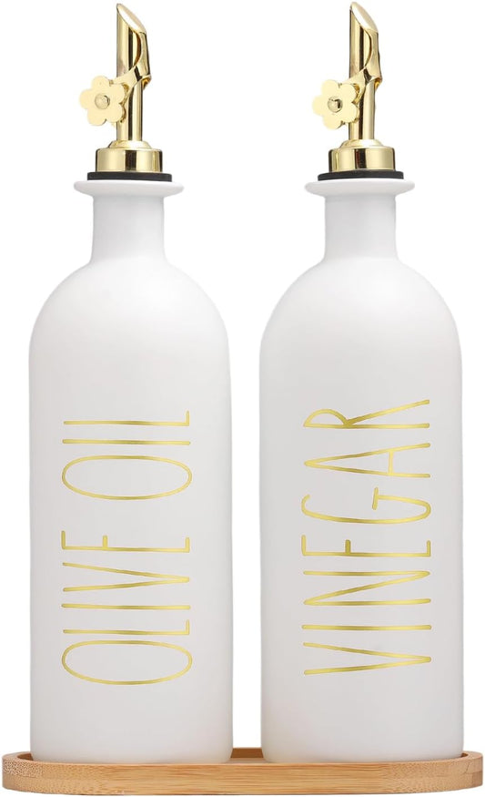 HOMCDALY 16oz Olive Oil Dispenser Bottles for Kitchen, Gold Oil&Vinegar Dispenser Set, Glass Oil Dispenser for Kitchen with Bamboo Tray | Set of 2 (16oz-P-Gold)