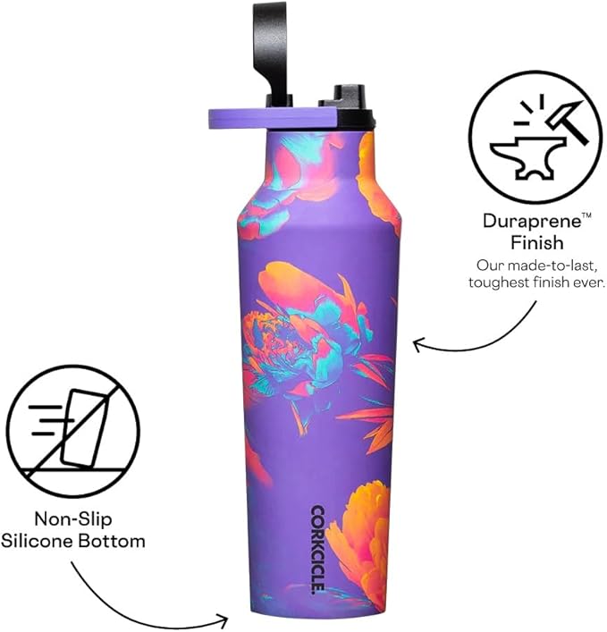 Corkcicle Classic Sport Canteen - Insulated Stainless Steel Water Bottle - Compact & Travel-Friendly - Durable - Dishwasher Safe - BPA Free - Non-Slip Silicone Base - 20 oz - Super Bloom