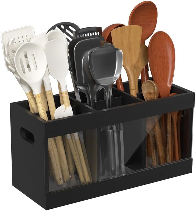 Yofidra Bamboo Utensil Holder & Silverware Organizer: Extra Large Cooking Spoon Holder with Absorbing Drying Stone and 6 Compartments Kitchen Countertop Farmhouse Decor 11.8"X4.7"X5.9" Black