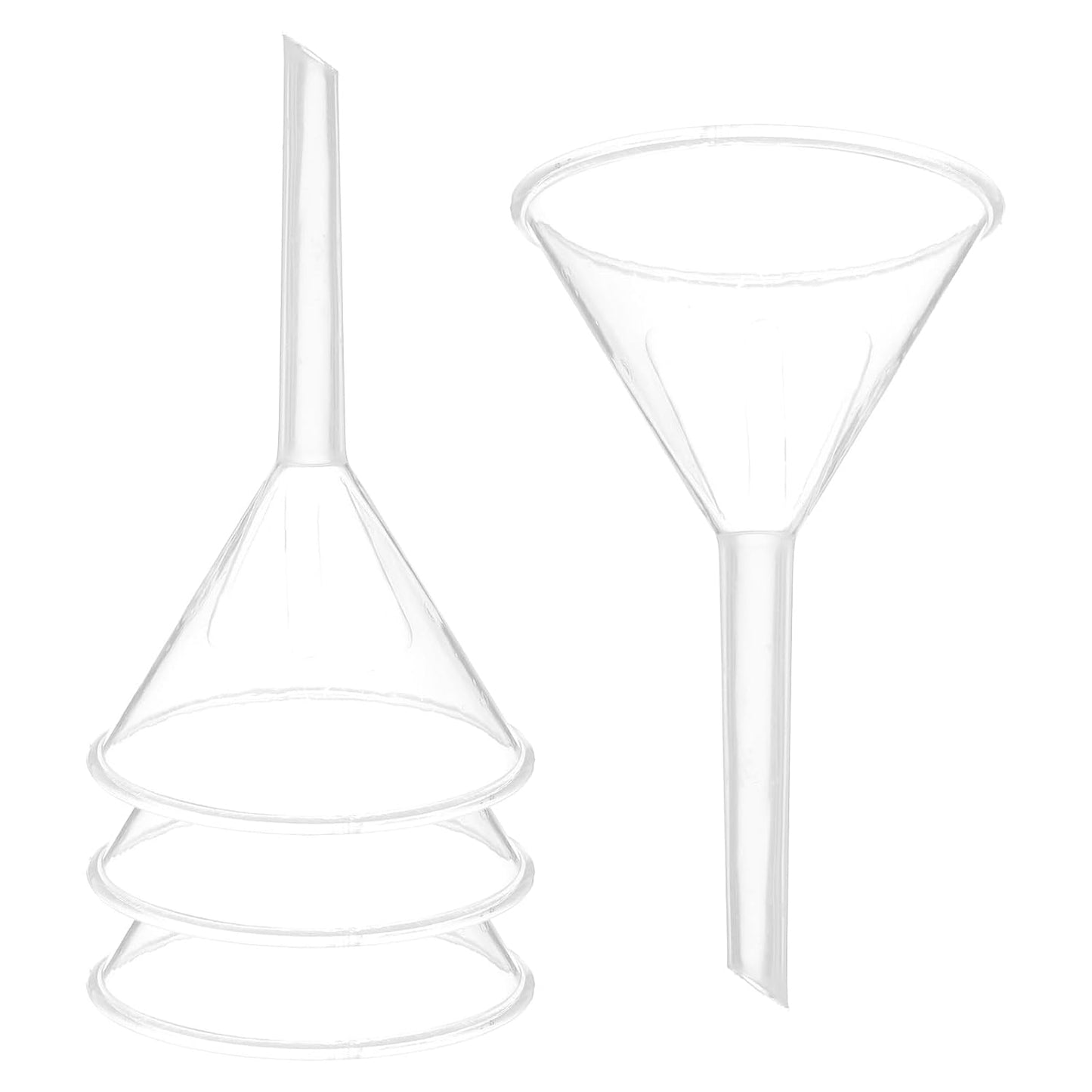 PATIKIL 3 Inch Clear Plastic Funnel, 4 Pcs Wide Mouth Multipurpose Transfer Funnel with Long Spout for Filling Water Bottle Liquid Lab Spices Powder Oil