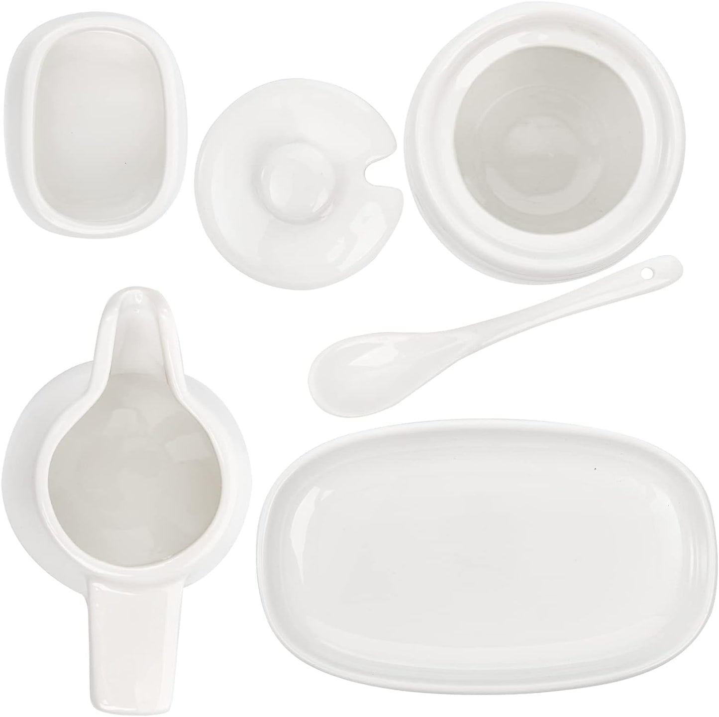 ZENFUN Set of 4 Porcelain Creamer and Sugar Set with Saucer, Sugar Bowl with Lid and Spoon, Cream Pitcher, Sweetener Holder, Coffee Serving Set for Kitchen Home Cafe Party, Restaurant, White