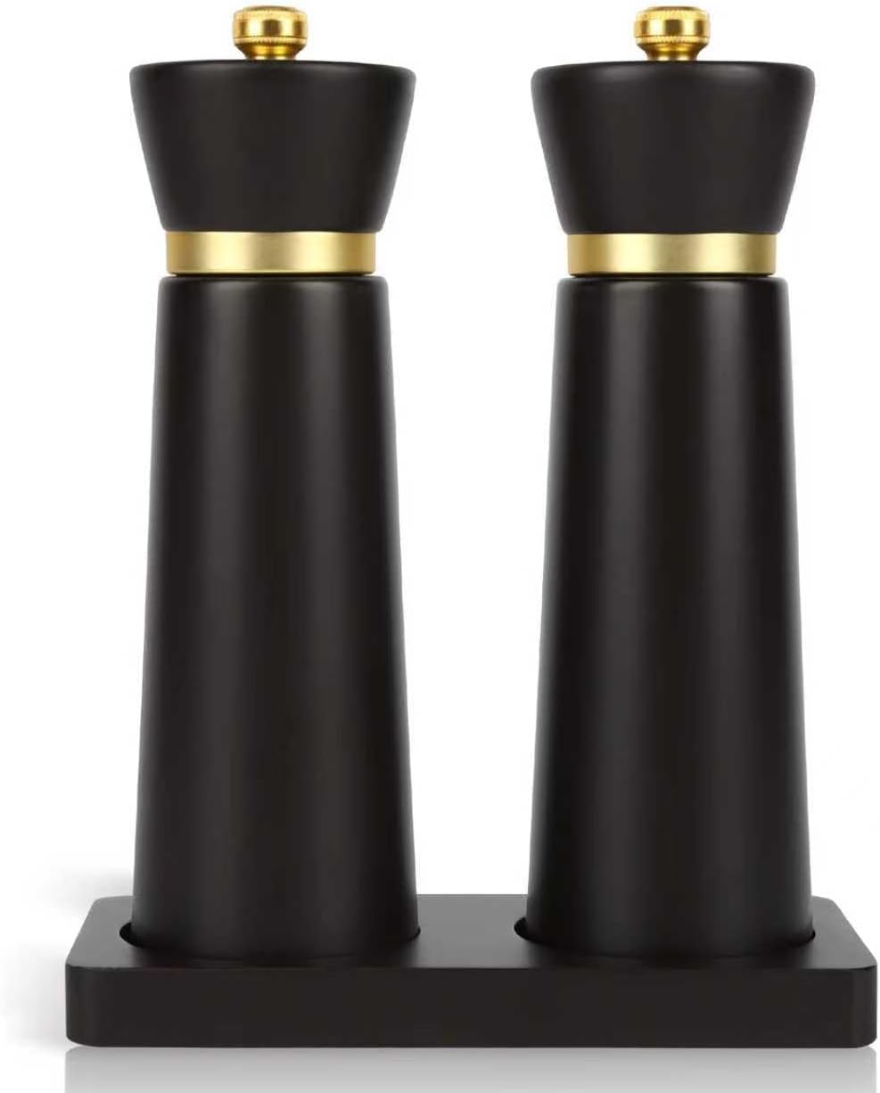 Wooden Salt and Pepper Grinder Set, Salt grinder Refillable with adjustable Coarseness, Beach Wood Pepper Grinder Manual, Salt and Pepper Shakers Matching Wooden tray-Ideal for Gifting