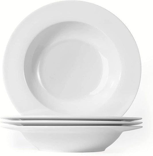 Artena 8 Ounces Pasta Bowls Set of 4, 8.5 inch Soup Bowls, Advanced Porcelain Salad Bowl, Wide Rim Pasta Plates, Shallow Bowls for Kitchen, Rimmed White Plates and Bowls Set, Microwave Oven Safe