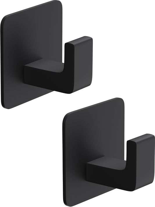 Square Self Adhesive Towel Hooks - 2 Pack Matte Black Metal Hooks, Right-Angle Design for Towels, Robes & Hats, Organize Bathroom, Kitchen, Entryway, Doors, Cabinets on Smooth Surfaces