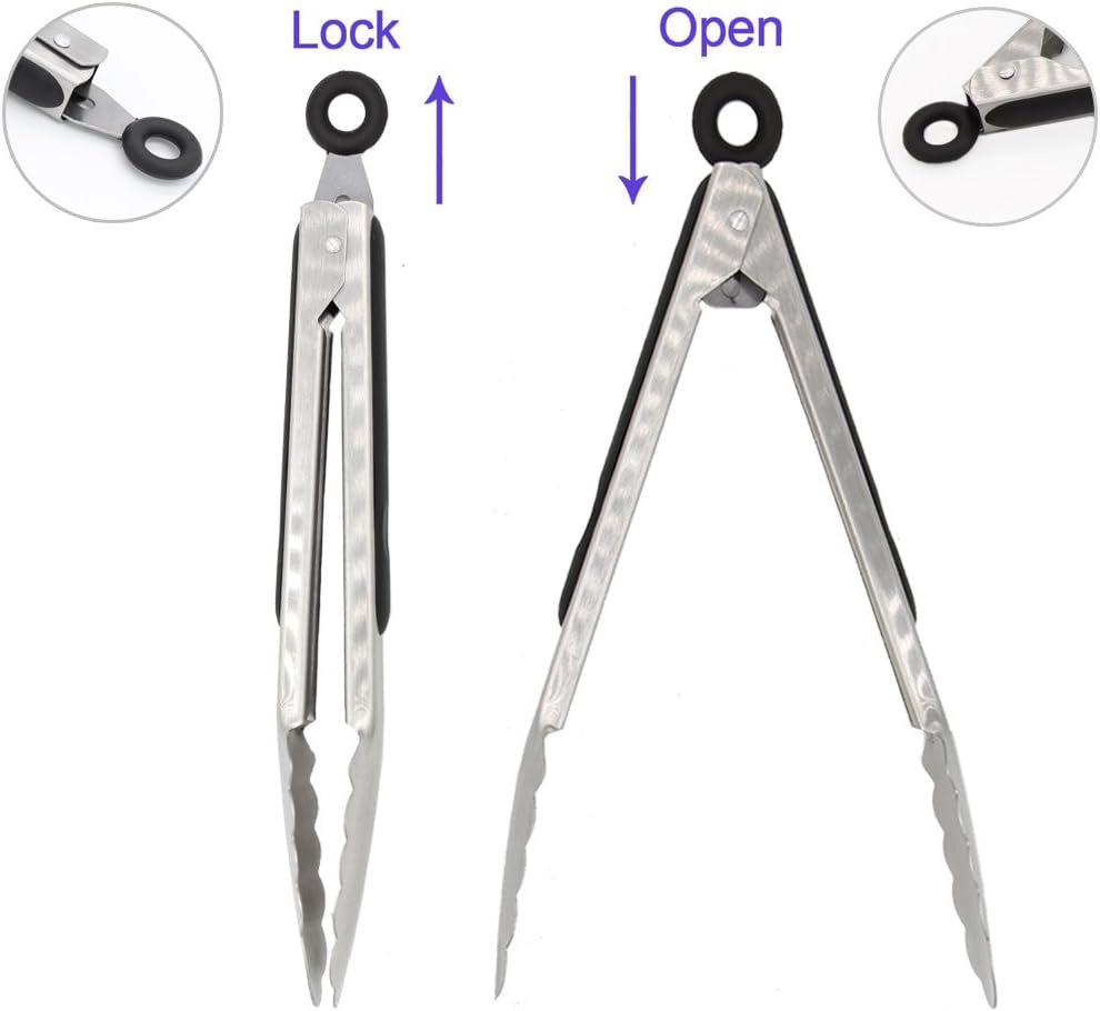 304 Stainless Steel Kitchen Cooking Tongs, 12" and 14" Set of 2 Sturdy Grilling Barbeque Brushed Locking Food Tongs with Ergonomic Grip, Black