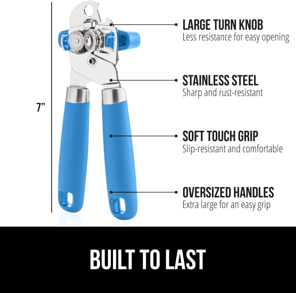 GORILLA GRIP Heavy Duty Stainless Steel Smooth Edge Manual Can Opener and Bottle Openers, Soft Comfortable Handle, Oversized Handheld Turn Knob, US Designed Multifunctional Kitchen Tool, Aqua