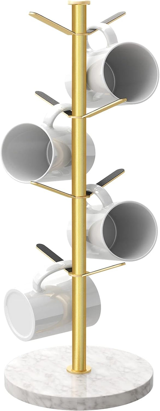 Gold Mug Holder Tree with Marble Base, 8 Hooks Coffee Cups Holder Stand, New Upgrad Stable Removable Mug Rack for Kitchen Cafe