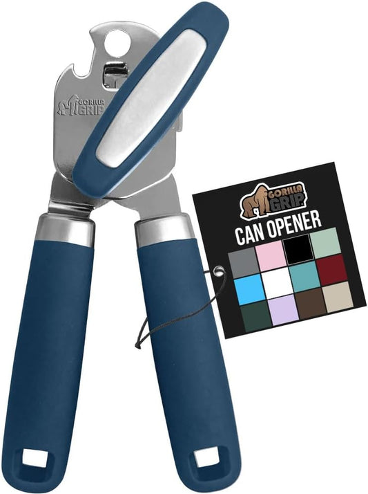 GORILLA GRIP Heavy Duty Stainless Steel Smooth Edge Manual Can Opener and Bottle Openers, Soft Comfortable Handle, Oversized Handheld Turn Knob, US Designed Multifunctional Kitchen Tool, Blue