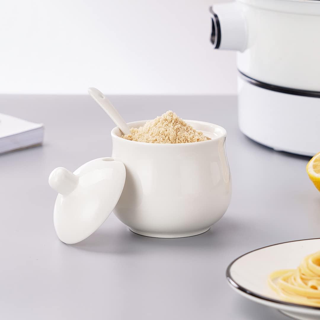 Ceramic Sugar Bowl with Lid and Spoon, White Porcelain Sugar Salt Pepper Storage Jar, 8 Ounces