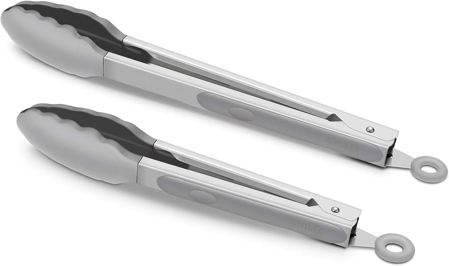 2 Pack Grey Kitchen Tongs, Premium Silicone BPA Free Non-Stick Stainless Steel BBQ Cooking Grilling Locking Food Tongs, 9-Inch & 12-Inch