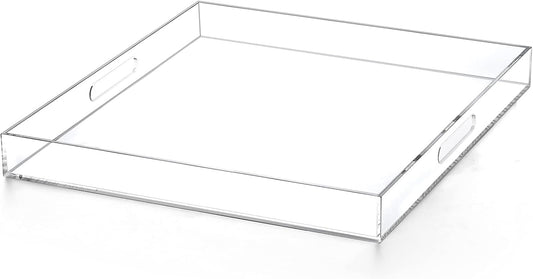 Clear extra large Ottoman Tray with Handles 18"x18"x2" Spill proof Acrylic Serving Tray Organizer Tray Decorative safe edge tray For Living Room Entryway Bedroom Kitchen Coffee Table coutertop