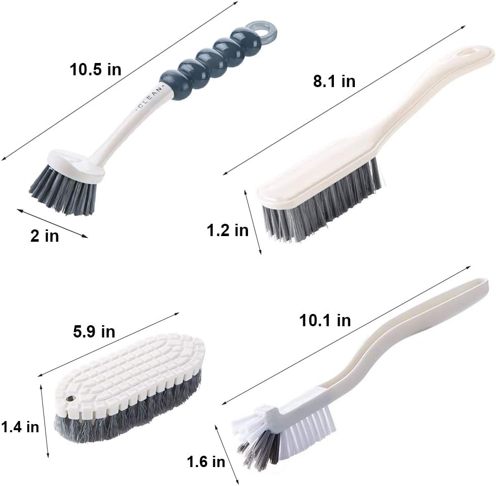 Multi-Purpose Scrub Brush Set - 4 Pack Kitchen Cleaning Brushes with Stiff Bristles for Dishes, Pots, Pans, Sink & Bottles - Dish Brush with Ergonomic Handle