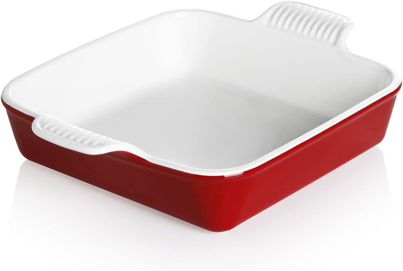 Sweejar Ceramic Baking Dish, 8 x 8 Cake Baking Pan for Brownie, Porcelain Square Bakeware with Double Handle for Casserole, Lasagna, Family Dinner (Red)