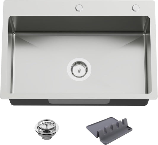 27x18 Inch Kitchen And Bar Sink-Stainless Steel Drop In Kitchen Sink Modern Single Bowl Topmount Bar Sink Come With Silicon Mat,Drain Strainer Set Compatibility With Various Kitchen&Bar Style