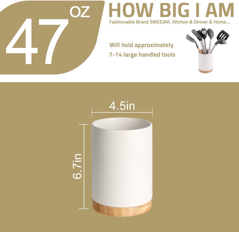 Sweejar Kitchen Utensil Holder with Wooden Bottom, 6.7" Ceramic Utensil Crock to Hold Spatulas for Cooking Countertop, Housewarming, Wedding, Birthday Gift (White)