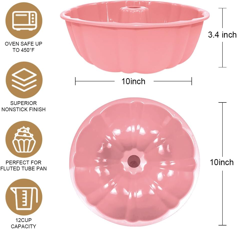 10 inch Silicone Bundt Cake Pan, Non-Stick Silicone Fluted Pans, ome Baking DIY Cake Mold for Cake, Jelly, Bread, Chocolate, Para Gelatinas (Red) (Pink, 1 Pack)